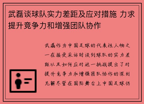 武磊谈球队实力差距及应对措施 力求提升竞争力和增强团队协作
